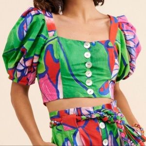 Farm Rio Tropical Bunch Puff Sleeve Top Crop